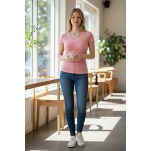 OGL Top Size XS NEW Elevated V-neck Side Ruched Cap Sleeve Brami Tee Pink